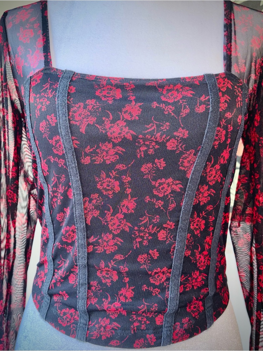 Hollister Mesh Sleeve Floral Corset Crop Top Romantic Whimsigoth - Picture 6 of 10